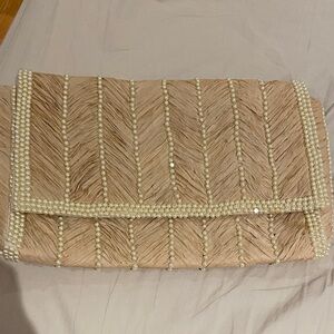 Elegant Pearl-Embellished Tan Clutch